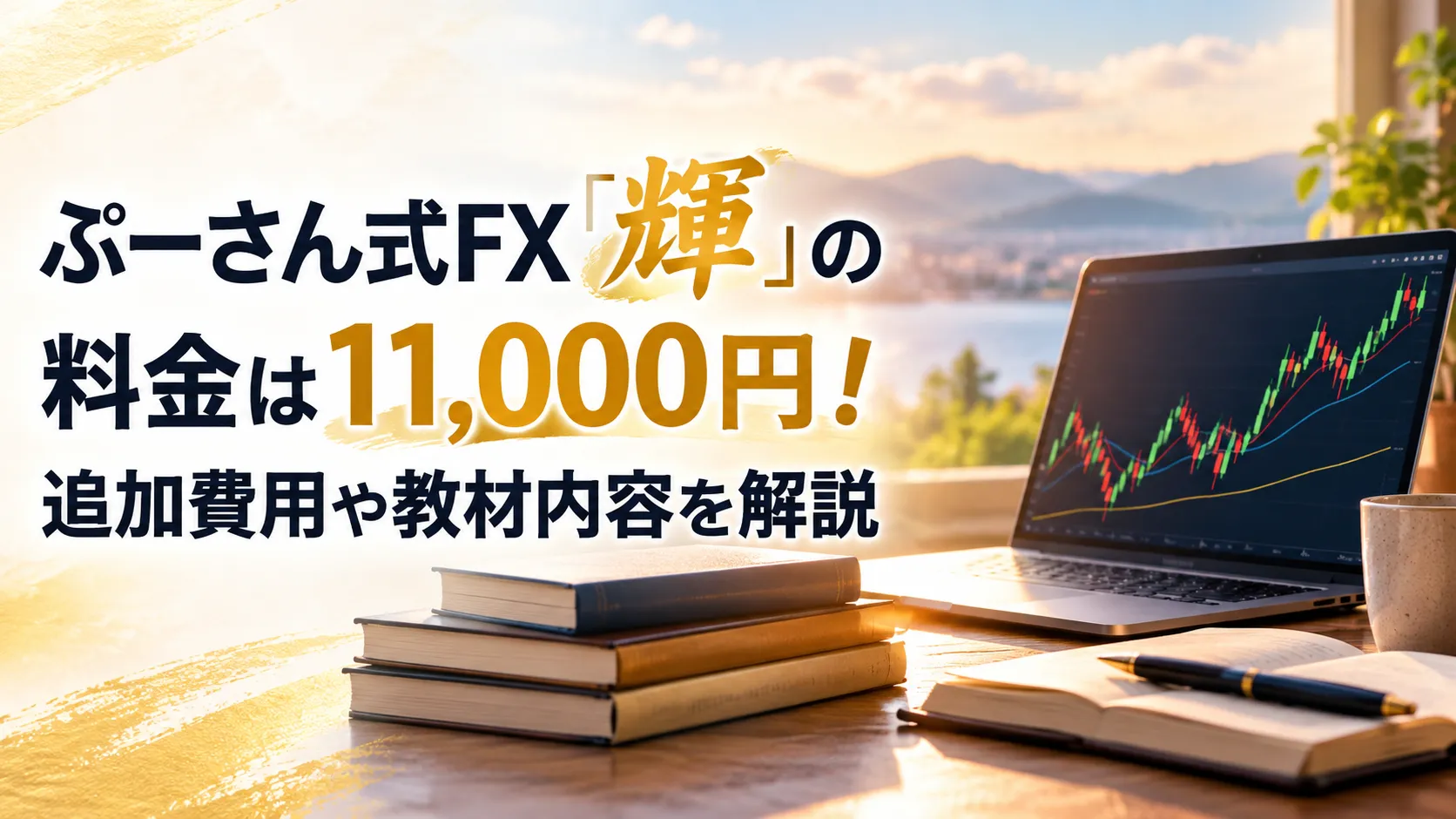 FXチャートを映したノートパソコンと学習教材を背景に、ぷーさん式FX「輝」の料金と教材内容を紹介するアイキャッチ画像。