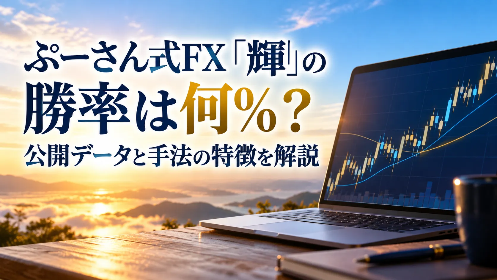 朝焼けの山並みを背景に、FXチャートを映したノートパソコンと、ぷーさん式FX「輝」の勝率を解説するタイトルを配置した画像。