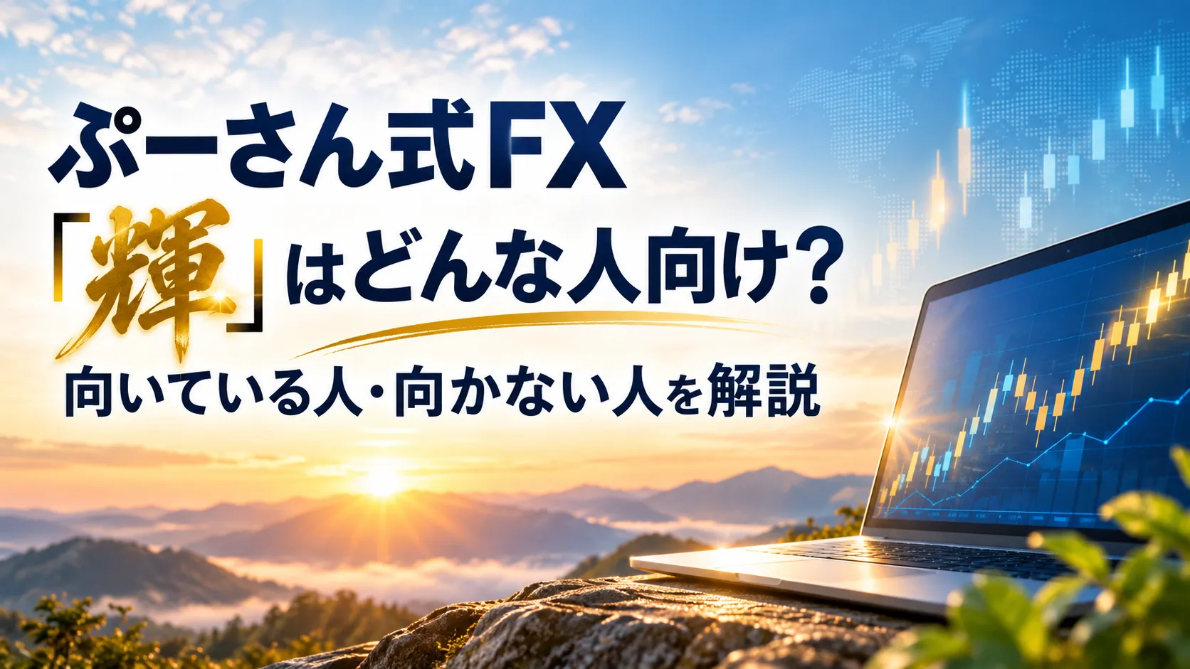 朝日の山景色を背景に、FXチャートを表示したノートパソコンと「ぷーさん式FX『輝』はどんな人向け？向いている人・向かない人を解説」のタイトルを配置したアイキャッチ画像。