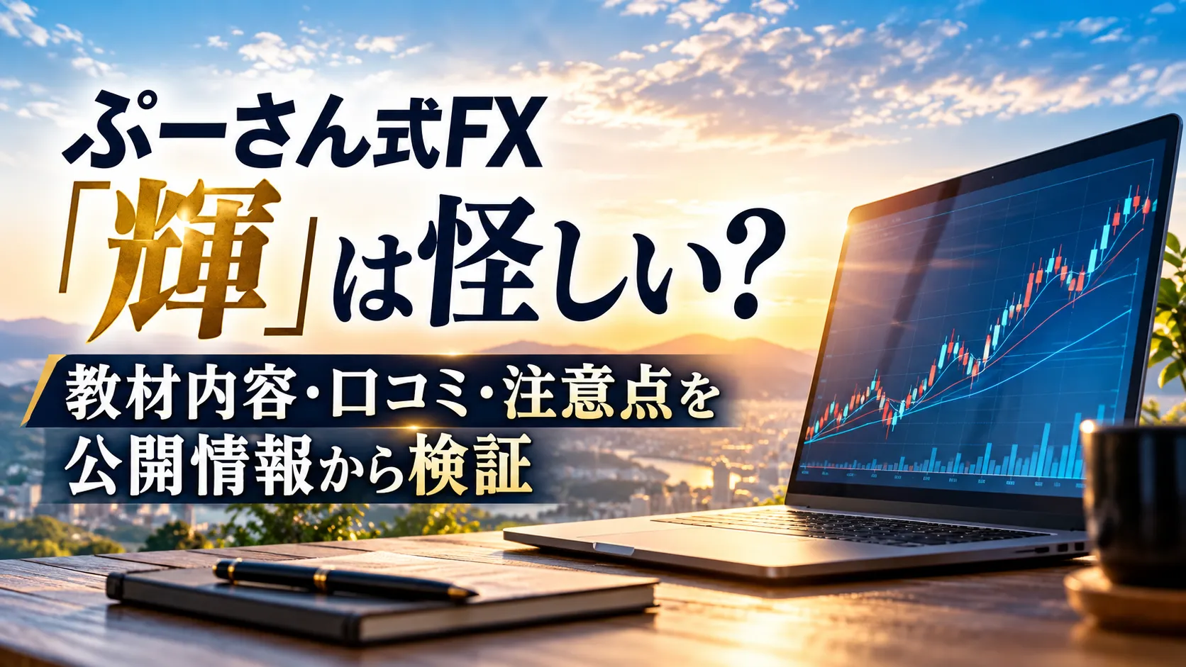 夕景を背景に、上昇するFXチャートを表示したノートパソコンと「ぷーさん式FX『輝』は怪しい？」のタイトルが配置された画像